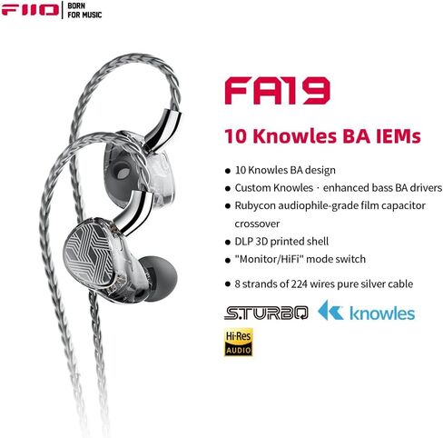 أجهزة مراقبة الأذن FiiO FA19 10 المتوازنة | سماعات اوديوفيلي مع كابل سماعة رأس MMCX فضي نقي قابل للفصل in Saudi Arabia