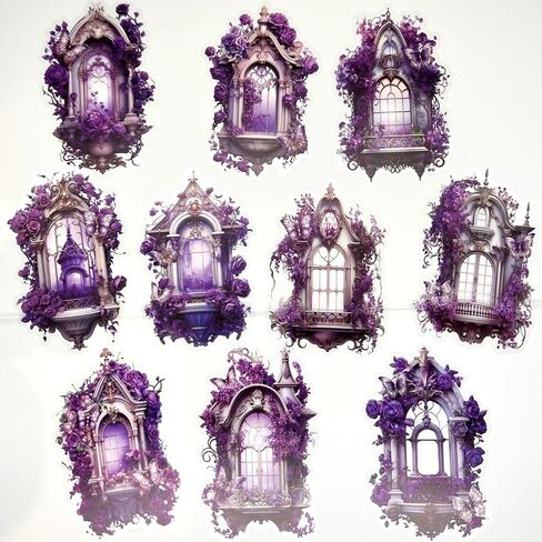 10pcs PET Transparent Vintage Window Flower Stickers Decals Bulk for Scrapbooking Resin Journaling Water Bottles Crafts Windows Glass Tumblers Doors Envelopes Wall (Purple) in Saudi Arabia