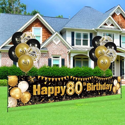 80th Birthday Decorations for Men Women Black and Gold, Black Gold Birthday Yard Banner Sign and 18 PCS 80th Happy Birthday Balloons for 80th Anniversary Birthday Party Supplies Outdoor Yard Decor in Saudi Arabia