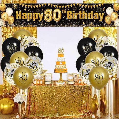 80th Birthday Decorations for Men Women Black and Gold, Black Gold Birthday Yard Banner Sign and 18 PCS 80th Happy Birthday Balloons for 80th Anniversary Birthday Party Supplies Outdoor Yard Decor in Saudi Arabia