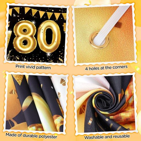 80th Birthday Decorations for Men Women Black and Gold, Black Gold Birthday Yard Banner Sign and 18 PCS 80th Happy Birthday Balloons for 80th Anniversary Birthday Party Supplies Outdoor Yard Decor in Saudi Arabia