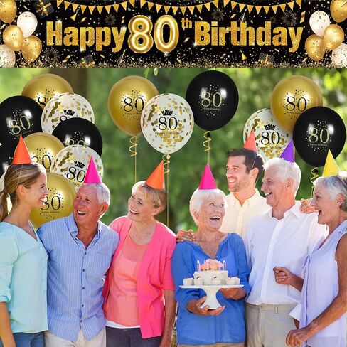 80th Birthday Decorations for Men Women Black and Gold, Black Gold Birthday Yard Banner Sign and 18 PCS 80th Happy Birthday Balloons for 80th Anniversary Birthday Party Supplies Outdoor Yard Decor in Saudi Arabia