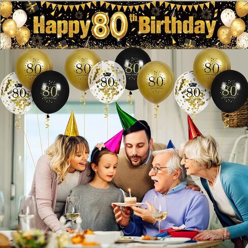 80th Birthday Decorations for Men Women Black and Gold, Black Gold Birthday Yard Banner Sign and 18 PCS 80th Happy Birthday Balloons for 80th Anniversary Birthday Party Supplies Outdoor Yard Decor in Saudi Arabia