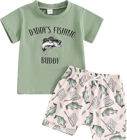 Toddler Baby Boy Fishing Outfits Daddy's/Papaw's Fishing Buddy Short Sleeve T-Shirt and Fish Print Shorts 2Pcs Set in Saudi Arabia