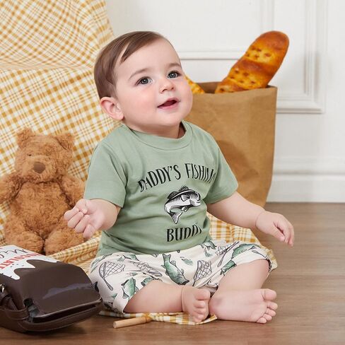Toddler Baby Boy Fishing Outfits Daddy's/Papaw's Fishing Buddy Short Sleeve T-Shirt and Fish Print Shorts 2Pcs Set in Saudi Arabia