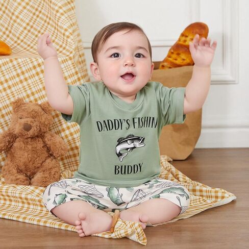 Toddler Baby Boy Fishing Outfits Daddy's/Papaw's Fishing Buddy Short Sleeve T-Shirt and Fish Print Shorts 2Pcs Set in Saudi Arabia
