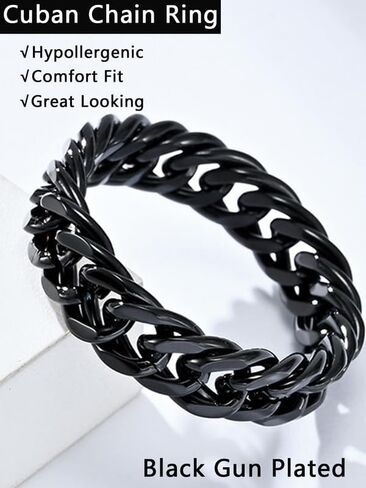 Stainless Steel Band Cuban Link Ring for Men Women, 18K Gold/Black Metal Plated, Hip Hop Thumb Rings Fashion Link Chain Rings, 6MM-7MM Wide, Size 07-12, with Gift Box in Saudi Arabia