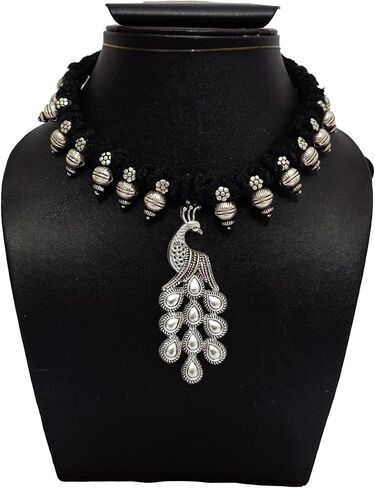 athizay black Necklace choker with statement Pendant Tribal inspired Black and Silver Jewelry for women Handcrafted beaded chokers with bold Pendant in Saudi Arabia