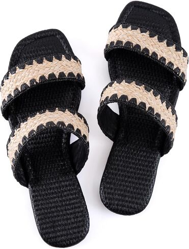 Mtzyoa Women Flat Sandals Raffia Braided Summer Straw Dressy Casual Vacation Bohemian Cute Beach Comfy Slip On Slides in Saudi Arabia