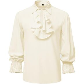 VOXGET Mens Pirate Shirt Halloween Renaissance Vampire Victorian Steampunk Gothic V Neck Ruffled Medieval Costume
