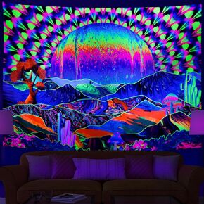 Heopapin Blacklight Tapestry Planet and Mountains Trippy Tapestry UV Reactive Psychedelic Neon Tapestries Wall Hanging Tapestry for Living Room Dorm Decor W92×H70