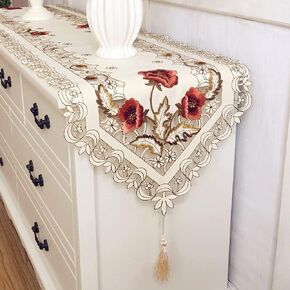 Arzoe Vintage European Flower Lace Table Runner Elegant Runners Cabinet Dining Room Table Decoration(Burgundy, 16×59 Inch)