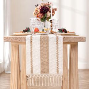 Fall Thanksgiving Table Runner 12 x 48 Inches Farmhouse Woven Table Runner with Tassels Macrame Cotton Linen Table Runner for Dining Table Home Decor, Beige & Brown