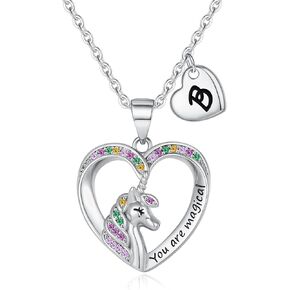 Unicorn Necklaces for Girls, 14K Gold/White Gold/Rose Gold Plated Colorful CZ Heart Pendant Unicorn Necklace Jewelry Toddler Necklaces Letter Initial Necklaces for Teen Girls Unicorn Gifts for Girls