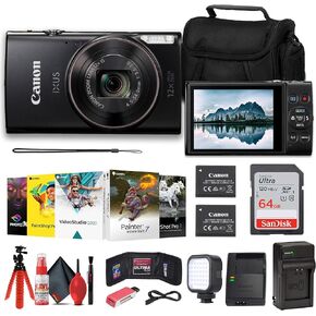 Canon PowerShot IXUS 285 HS 12X Optical Zoom Digital Camera (Black) (1076C001) + NB11L Battery + 64GB Memory Card + Corel Photo Software + Case + Charger + LED Light + Card Reader + More (Renewed)