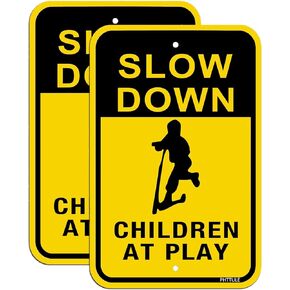 Slow Down Children at Play Sign 2 Pack, 12" x 18" Metal Slow Kids Playing Sign Rust Free Heavy Duty .040 Reflective Aluminum, Fade Resistant