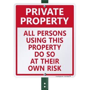 SmartSign 12 x 10 inch “Private Property - All Persons Using This Property Do So At Their Own Risk" Yard Sign with 3 foot Stake, 40 mil Laminated Rustproof Aluminum, Red and White, Set of 1