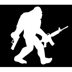 Thistle Brook Cottage Bigfoot Sasquatch Big Foot Carrying Big AR Guns Decal Vinyl Sticker Cars Trucks Vans Walls Laptop White White 5.5H" X 5.5W" Vinyl Decal Bumper Sticker