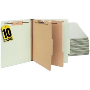 1InTheOffice Pressboard Classification Folders, Letter Size, 2 Dividers, 6 Fasteners, Green, 10 Pack
