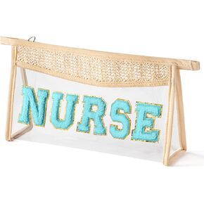 Boho Patch Cosmetic Bag - Back to School FACE Blue Chenille Varsity Letter Clear Toiletry Bag Waterproof Portable Woven Makeup Bag PVC Purse Travel Beach Bag for Teacher Appreciation Gift