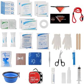 Dog - Pet First Aid Emergency Kit - includes Slip Leash - Orange Reflective Bandana - Compact includes 46 pieces of useful items. BE READY.