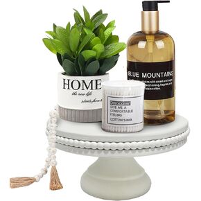 White Wash Display Wood Riser, 8.25inch Shabby Chic Pedestal Tray Decor with Beads, Farmhouse Display Stands for Coffee Bar, Bathroom, Kitchen Island (White)
