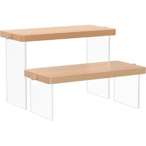 Wooden Display Riser Stand, Acrylic Display Riser Shelf,Tiered Countertop Display Shelf for Perfume, Makeup, Figure, Dolls Collection, Shoe and Handbag