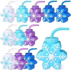 12 Pcs Winter Snow Themed Party Favor Supplies Snowflake Cups with Straws,10 oz Plastic Snowflake Shape Cups Winter Birthday Party Favor Baby Shower Party Supplies