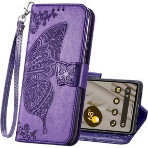 Wallet Case for Google Pixel 8A,PU Leather Flip Protective Phone Case Wrist Strap Card Slots Holder Pocket Emboss Butterfly Flower Stand Case for Google Pixel 8A Black