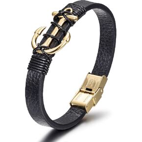 Men Bracelet Bangle with Leather Wristband Black Silver Plated Stainless Steel Anchor and Fashion Nautical Wristband Cuff Connect Bangle for Men Best Gift
