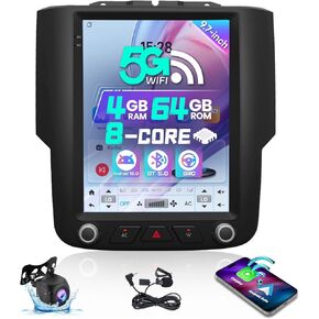 5G WiFi 8 Core Car Stereo Radio 48-EQ for Dodge Ram 1500 2500 3500 2013-2018 9.7in Touch Screen T-Style Head Unit with Wireless Carplay Android Auto Bluetooth DSP SWC Backup Camera (9" 2G+32G)