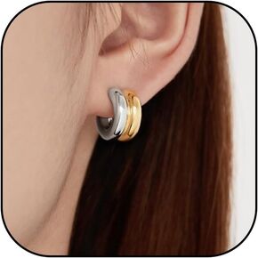 Two Tone Earrings for Women Gold and Silver Mixed Metal Earrings Double Hoop Earrings Two Tone Hoop Earrings for Women Gold Silver Chunky Earrings for Women Girls Gift