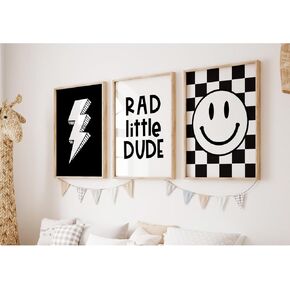 Boys Room Wall Art Decor Set of 3 Toddler Nursery Canvas Wall Art Baby Kids Wall Decor Black Checkered Smiley Poster Pictures Retro Playroom Rad Little Dud Art Prints for Bedroom 12x16 Inch Framed