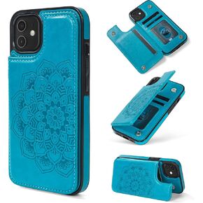 Wallet Case for iPhone 11 with 3 Card Slots Embossed Mandala Pattern Flowers Magnetic Buttons Flip Faux Leather Cover Shockproof 2019 6.1 Inch (Grey)