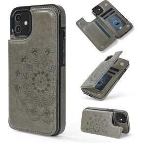 Wallet Case for iPhone 11 with 3 Card Slots Embossed Mandala Pattern Flowers Magnetic Buttons Flip Faux Leather Cover Shockproof 2019 6.1 Inch (Grey) in Saudi Arabia