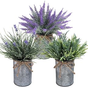 Winlyn 3 Pack Small Artificial Plants Lavender Flower Arrangements Faux Lavender Grass Rosemary Plants in Rustic Galvanized Metal Pots Rustic Home Decor 9" Tall for Farmhouse Table Kitchen Windowsill