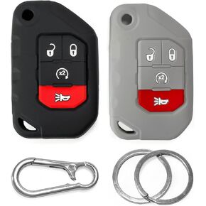 أغطية مفاتيح من السيليكون Click&Fit مكونة من قطعتين متوافقة مع Jeep Wrangler 2018-2022، Rubicon 18-22، Gladiator Sahara 2020-22 - واقيات حافظة مطاطية لمفتاح السيارة عن بعد، 4 أزرار، 68292944AA، أسود ورمادي in Kuwait