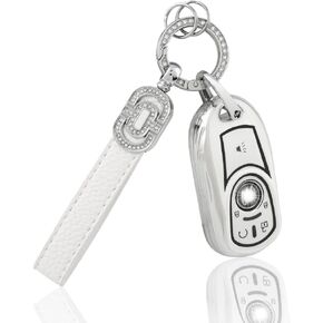 for Buick Key Fob Cover 5 Button Soft TPU Key Fob Case with Shiny Key Chain Compatible with Buick Encore GX Regal TourX Car Remote Cute Girly Key Protector White Silver