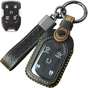for GMC Key Fob Cover,Genuine Leather Key Case with Keychain for Chevy Suburban Tahoe GMC Sierra Terrain Acadia Yukon Accessories,Black
