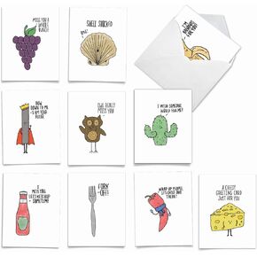 The Best Card Company - Variety Pack of 10 Funny Assorted Blank All Occasions Notecards 4 x 5.12 Inch w/Envelopes - Cartoon Humor for Men, Women (10 Designs, 1 Each) - Wild for Whyatt M6463OCB