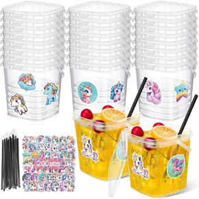 20 Pcs 33.8 oz Ice Cream Buckets with 200 Pcs Unicorn Stickers Bulk for Kids 20 Pcs Straws, Clear Bucket with Lid and Handle, Reusable Snack Bucket for Tea Popcorn Fruit Yogurt Party Favor