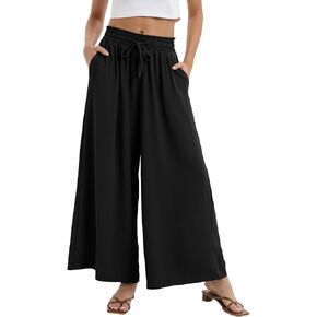 Womens Summer Beach Pants Vacation High Waisted Wide Leg Pants Loose Flowy Palazzo Lounge Trousers with Pockets