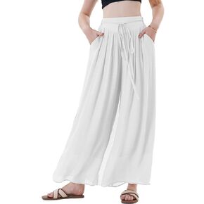 Women's Linen Palazzo Pants Summer Beach Wide Leg High Waist Casual Dressy Lounge Pant Trouser