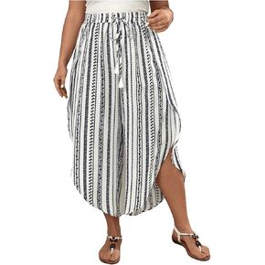 WDIRARA Women's Plus Size Striped Knot Front Wide Leg Pants High Slit Elastic Waist Pants