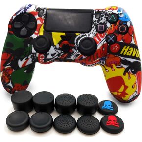 Anti-Slip Soft Silicone Cover Skin Set for PlaySation 4 Controller (Alias Wireless DualShock 4) which 1pcs Controller Skin + 8pcs Thumb Grip Caps - Graffiti Oil