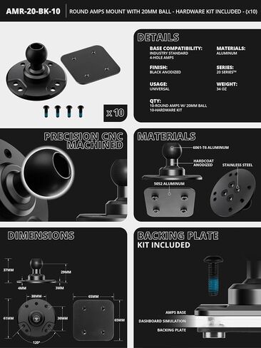 Tackform Round AMPS Mount - 20mm Ball | Aluminum | 7-Hole Drill Base | Mount to Dash, AMPS, or Grid Brackets | includes Hardware | NOT for 1" / B Sized Systems in Saudi Arabia