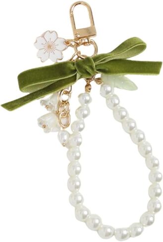 Lily of the Valley Flower Pearl Keychain Bow Ribbon Imitation Pearl Flower Tassel Keyring Purse Car Accessories in Saudi Arabia