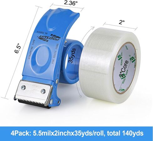 BOMEI PACK Strapping Tape 2Inch with Dispenser, Heavy Duty Fiberglass Reinforced Packing Tape with String for Moving and Shipping, 4Rolls x 5.5Mil x 35Yds, Total 140Yds in Saudi Arabia