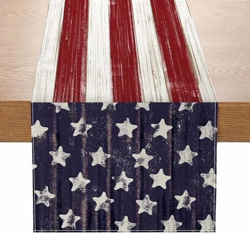 4th of July Patriotic Table Runner, Independence Day Table Decor for Indoor Outdoor Home Party Decoration, Red White and Blue Rustic Dining Room Table Runner for Memorial Day in Saudi Arabia