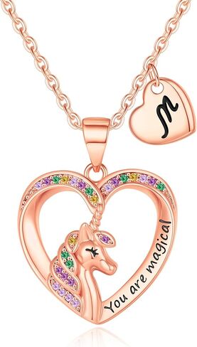 Unicorn Necklaces for Girls, 14K Gold/White Gold/Rose Gold Plated Colorful CZ Heart Pendant Unicorn Necklace Jewelry Toddler Necklaces Letter Initial Necklaces for Teen Girls Unicorn Gifts for Girls in Saudi Arabia